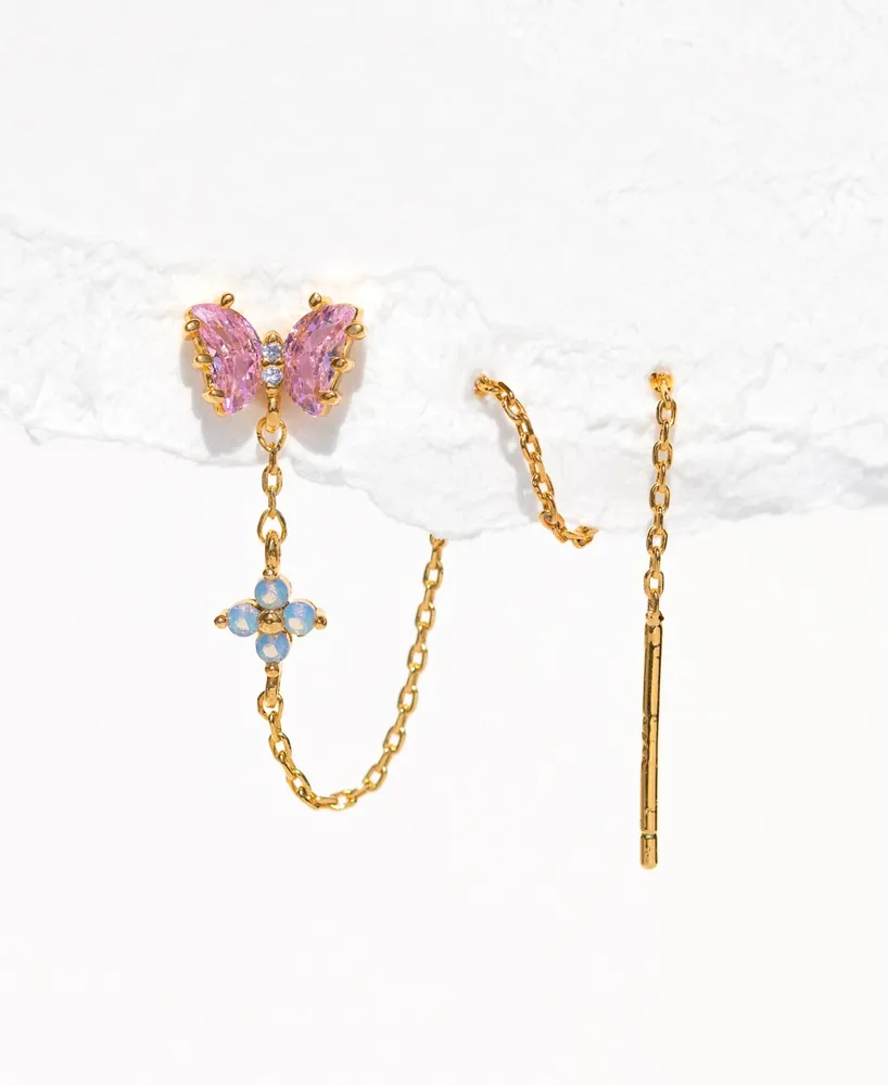 Girls Crew 18k Gold-Plated Color Crystal Butterfly & Chain Single Threader Earring