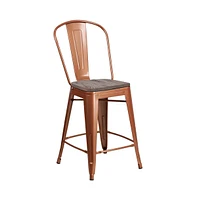 Sarah 24" Metal Indoor-Outdoor Counter Stool With Vertical Slat Back, Integrated Footrest And Wood Seat