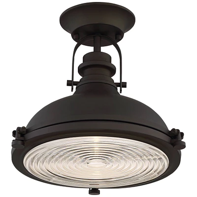 Possini Euro Design Verndale Industrial Close To Ceiling Light Semi-Flush Mount Fixture Bronze Dome 11 3/4" Wide Clear Ribbed Glass for House Bedroom