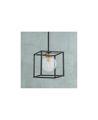 Possini Euro Design Delaney Black Burnished Brass Mini Pendant Light 8" Wide Modern Square Cage Round Clear Glass Shade Fixture Dining Room House Entr