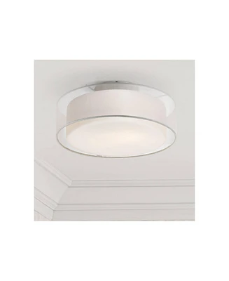 Possini Euro Design Modern Ceiling Light Flush-Mount Fixture 12 1/2" Wide Satin Nickel 2-Light Sheer White Fabric Opal Glass Drum Shade for Bedroom Ki