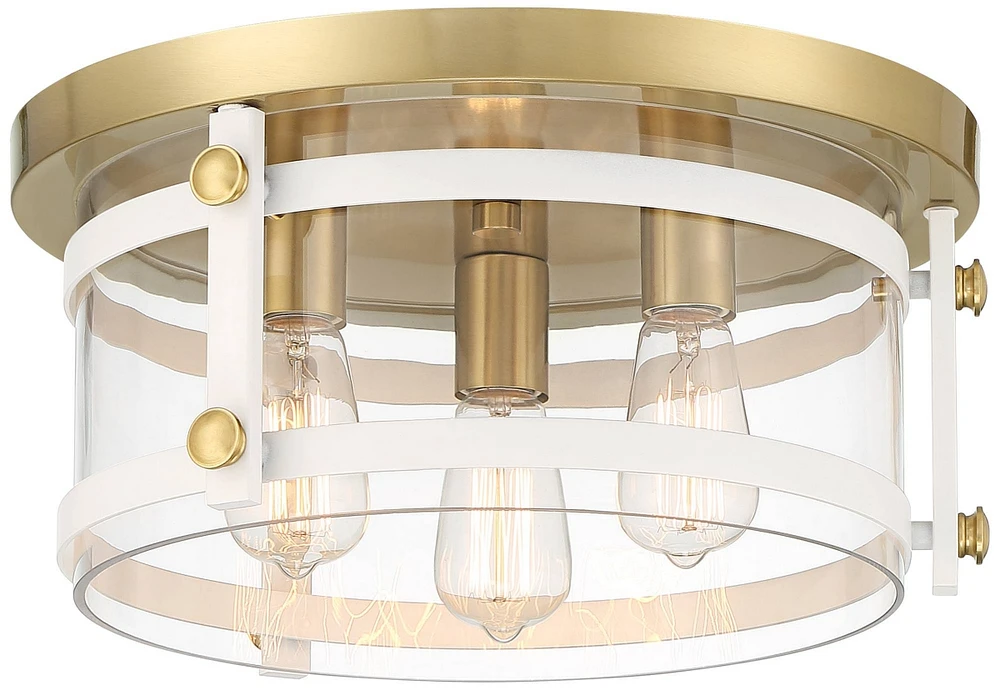 Franklin Iron Works Davis Modern Industrial Ceiling Light Flush-Mount Fixture 15.5" Wide Gold White 3-Light Led Clear Glass Shade for Bedroom Kitchen