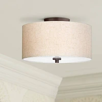 Regency Hill Sylvan Modern Ceiling Light Semi Flush-Mount Fixture 14" Wide Bronze 3-Light Oatmeal Fabric Drum Shade for Bedroom Kitchen Living Room Ha