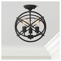 Franklin Iron Works Ellery Industrial Rustic Farmhouse Ceiling Light Semi Flush-Mount Fixture 14" Wide Bronze 3-Light Openwork Cage Sphere Shade for B