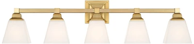 Regency Hill Mencino-Opal Modern Wall Mount Light Warm Brass Gold Metal Hardwired 35 1/4" Wide 5-Light Fixture Etched White Glass Shades for Bathroom