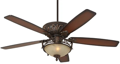 Casa Vieja 60" Montego Vintage-like Indoor Ceiling Fan with Led Light Antique Bronze Teak Blades Indian Scavo Glass for Living Room Kitchen House Bedr