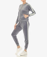White Mark Women's Faux Leather Stripe Velour 2 Piece Tracksuit Set