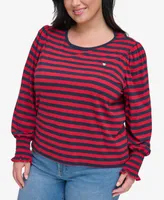 Tommy Hilfiger Plus Size Striped Smocked-Cuff Top