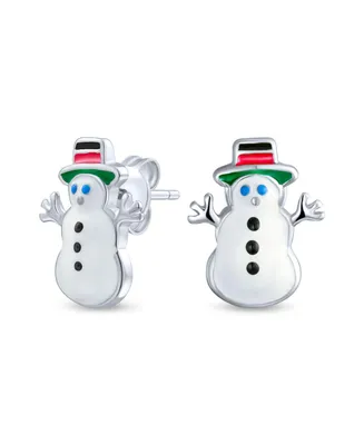 Small Fun Holiday Cartoon Christmas Winter White Enamel Frosty Snowman Stud Earrings For Women Teens .925 Sterling Silver