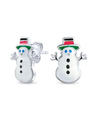 Bling Jewelry Small Fun Holiday Cartoon Christmas Winter White Enamel Frosty Snowman Stud Earrings For Women Sterling Silver