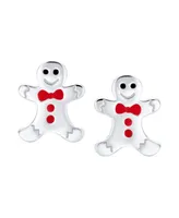 Bling Jewelry Small Fun Holiday Cartoon Christmas Winter Enamel Bow Tie Gingerbread man Stud Earrings For Women Sterling Silver