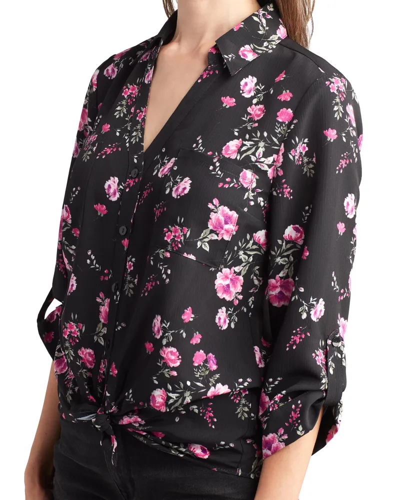 Bcx Juniors' Roll-Tab-Sleeve Tie-Front Floral Shirt