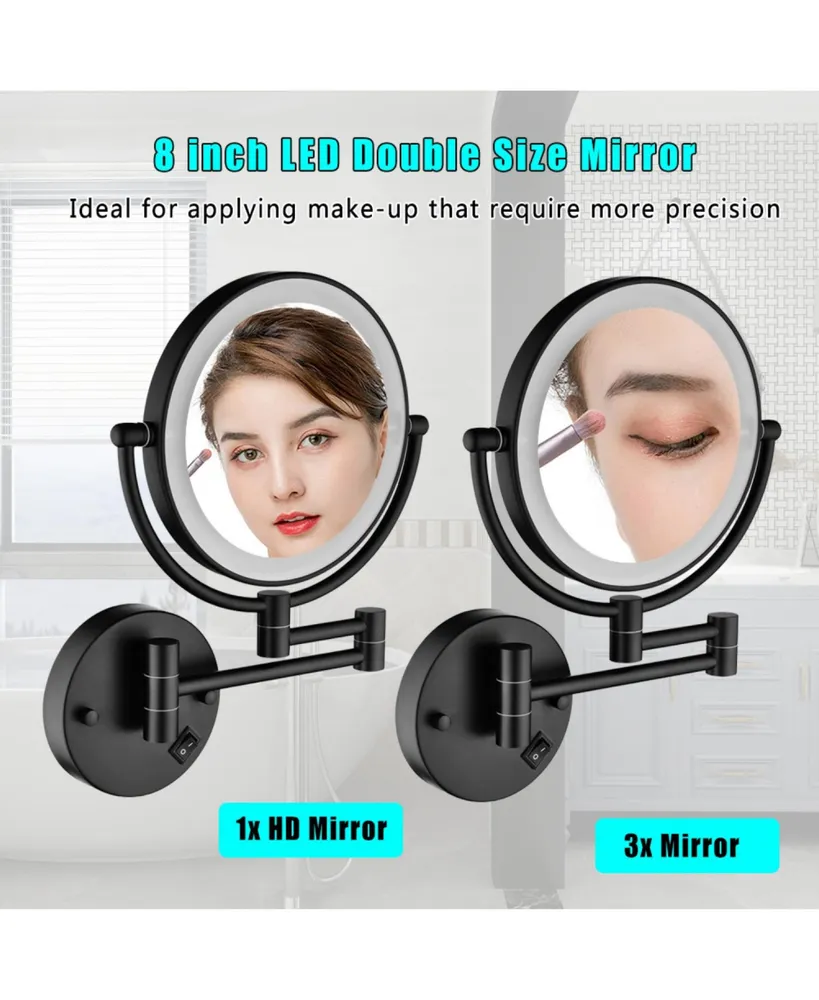 Simplie Fun 8 Inch Led Wall Mount Two-Sided Makeup Vanity Mirror 12 Inch Extension 1X/3X Magnify