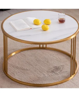 Simplie Fun Slate/Sintered Stone Round Coffee Table With Golden Stainless Steel Frame