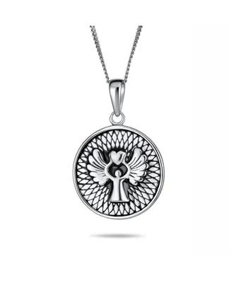 Round Medallion Disc Religious Reversible Two Sided Protection Engraved Prayer Guardian Angel Medal Pendant Necklace For Women .925 Sterling Silver
