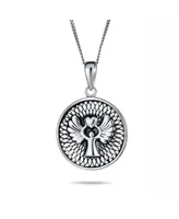 Round Medallion Disc Religious Reversible Two Sided Protection Engraved Prayer Guardian Angel Medal Pendant Necklace For Women .925 Sterling Silver