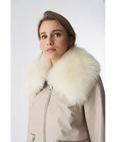 Furniq Uk Women's Detachable Natural Shearling Collar Jacket, Jumbo Pattern Beige