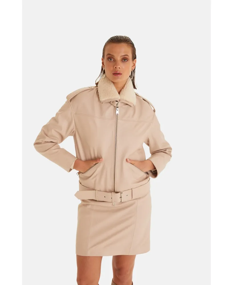 Women's Genuine Leather Belted Biker Jacket, Nappa Beige