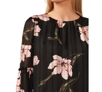 CeCe Women's Metallic Floral Print Ruffled Blouson Sleeve Top