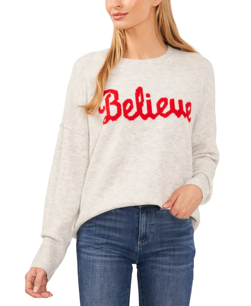 CeCe Women's Believe Script Long-Sleeve Cozy Sweater