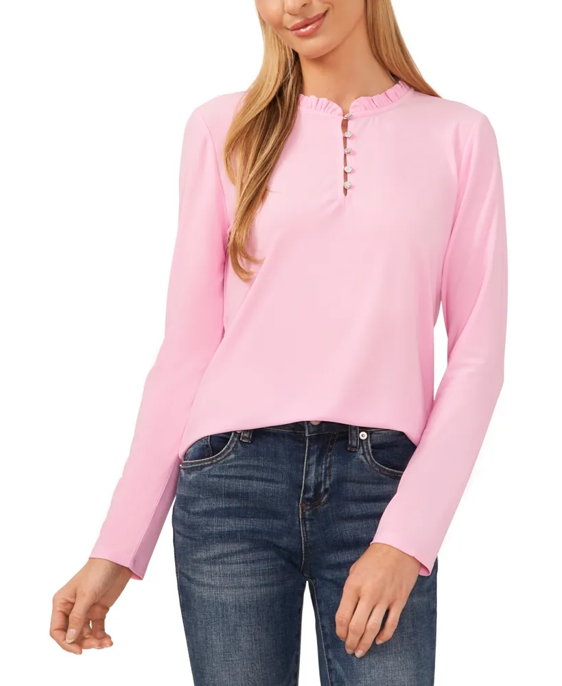 CeCe Women's Ruffle-Trim Long Sleeve Knit Top with Rhinestone Buttons