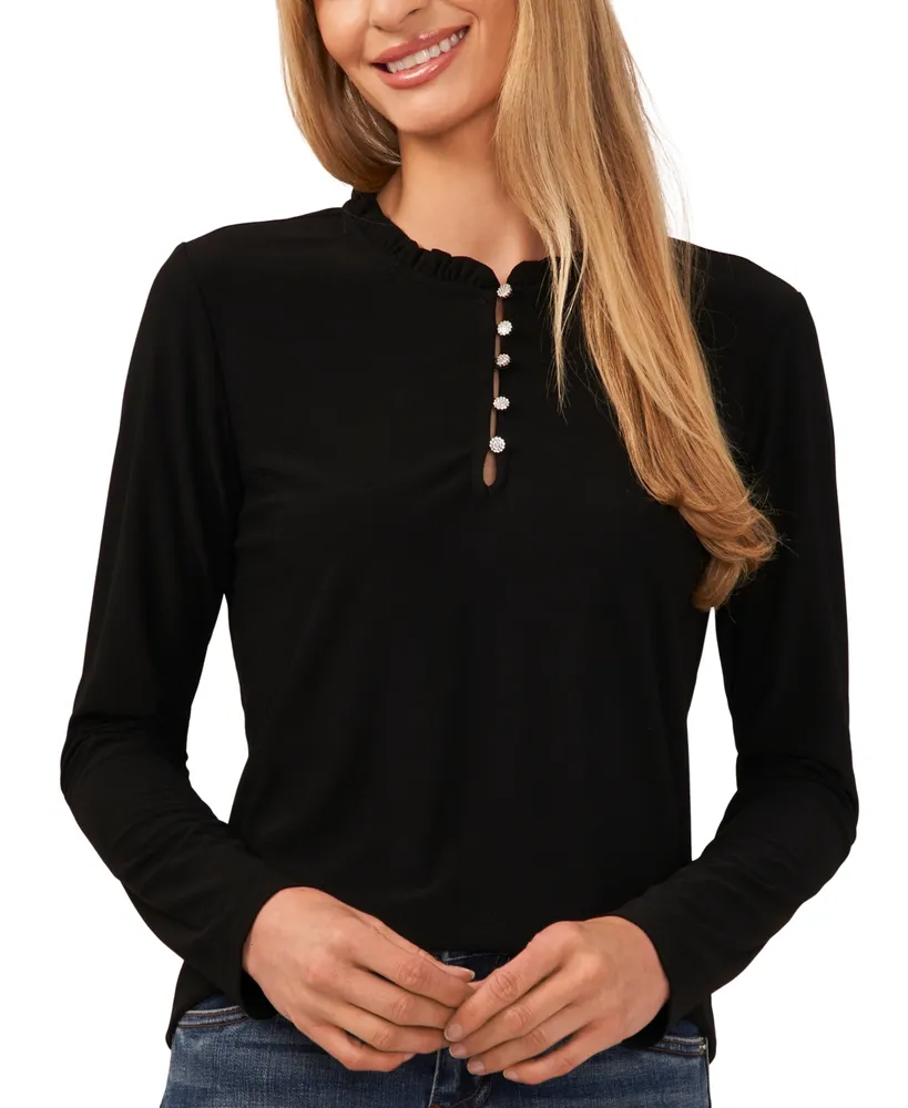 CeCe Women's Ruffle-Trim Long Sleeve Knit Top with Rhinestone Buttons