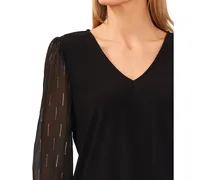 CeCe Women's V-Neck Sheer Mixed-Media Gold Lurex 3/4-Sleeve Knit Top