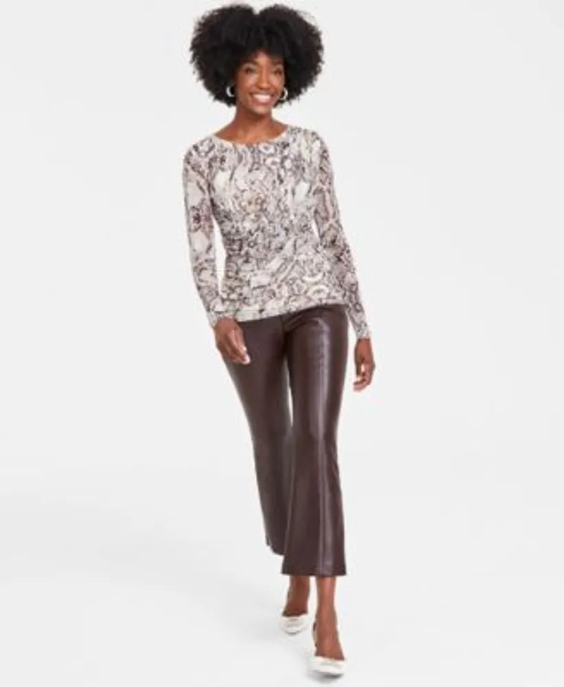 I.N.C. International Concepts Womens Long Sleeve Mesh Top Faux Leather Kick Flare Pants Created For Macys