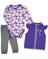 Baby Mode Girls Floral Bodysuit, Pants and Vest, 3 Piece Set