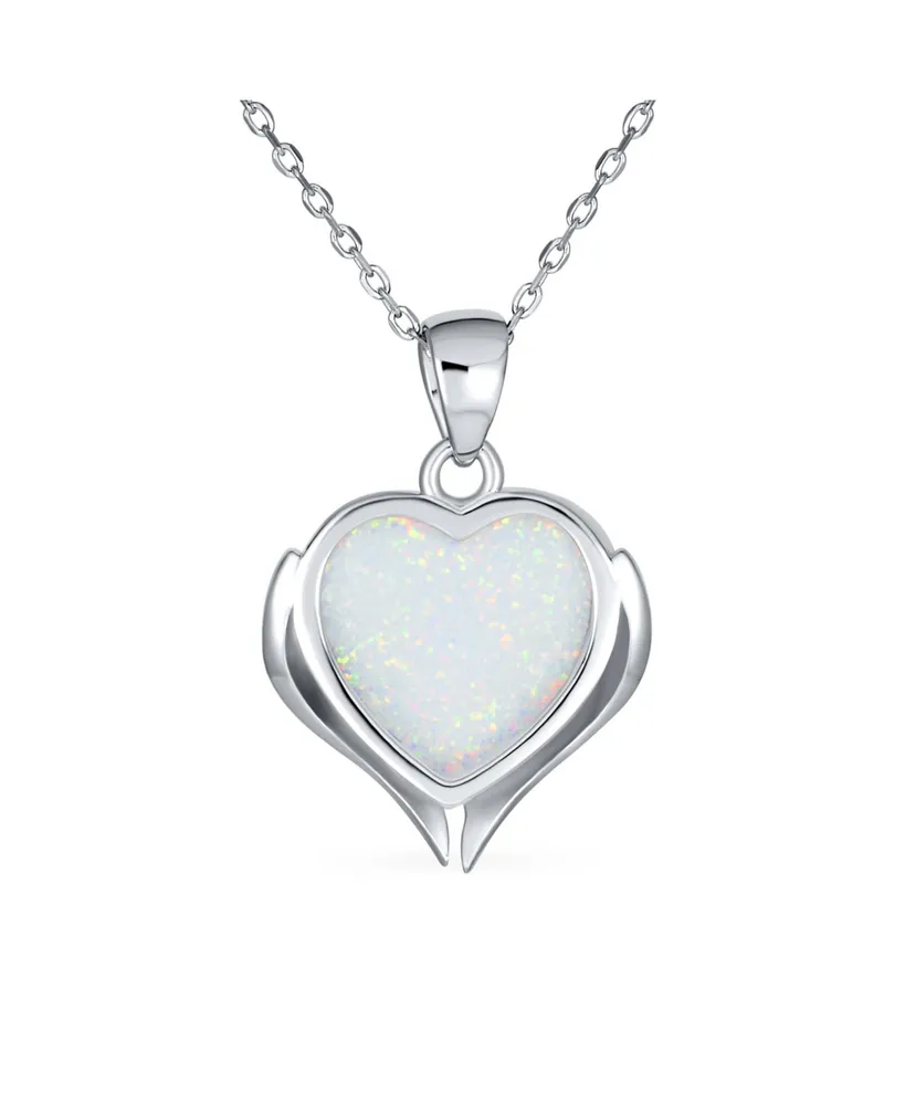 Romantic Love Gemstone Created Framed White Opal Heart Shaped Angel Wing Necklace Pendant For Women Girlfriend .925 Sterling Silver