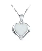 Romantic Love Gemstone Created Framed White Opal Heart Shaped Angel Wing Necklace Pendant For Women Girlfriend .925 Sterling Silver