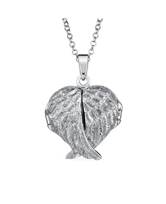 Bling Jewelry Dome Large Guardian Angel Wing Feathered Heart Shaped Keepsake Locket For Women Holds Photos Pictures Silver Necklace Pendant