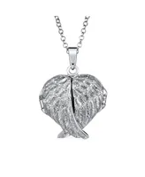 Bling Jewelry Dome Large Guardian Angel Wing Feathered Heart Shaped Keepsake Locket For Women Holds Photos Pictures Silver Necklace Pendant