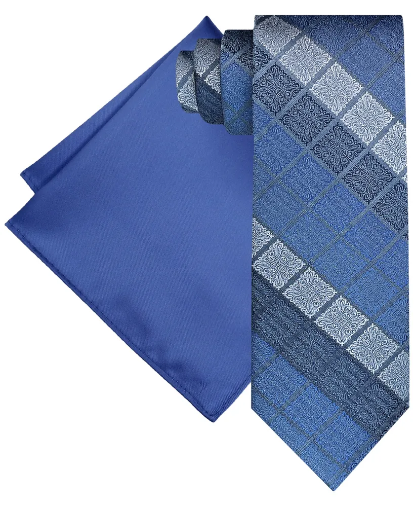 Steve Harvey Men's Extra Long Ornate Block Tie & Solid Pocket Square Set