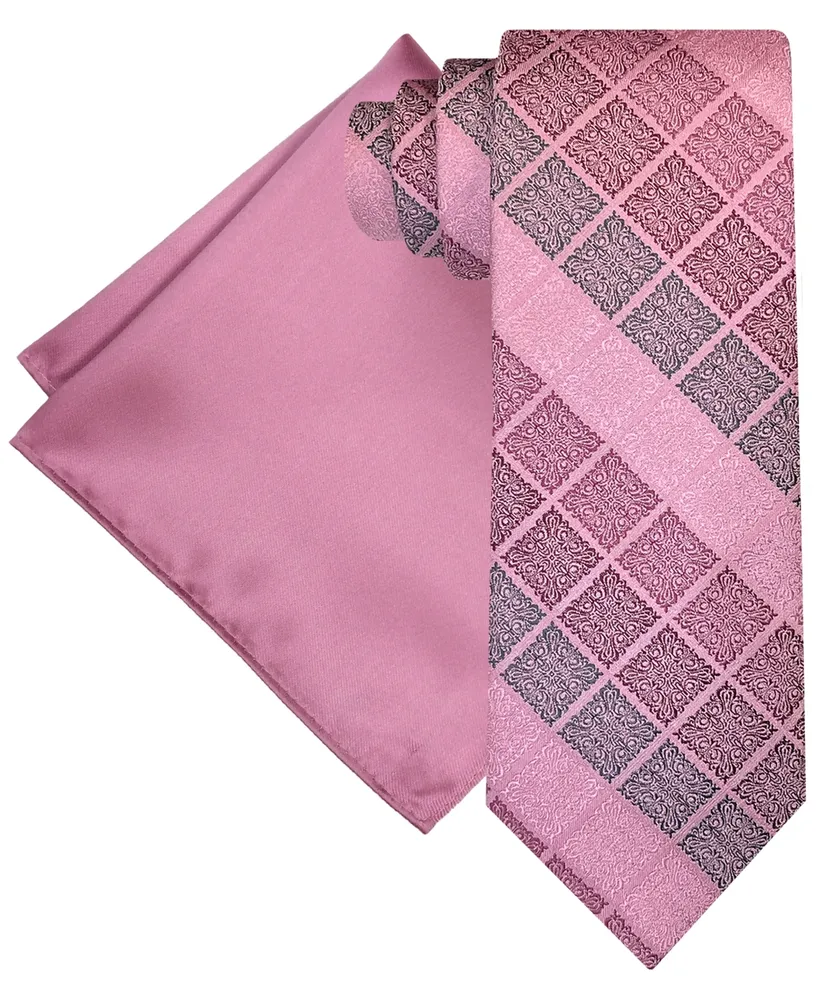 Steve Harvey Men's Extra Long Ornate Block Tie & Solid Pocket Square Set