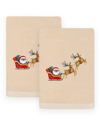 Linum Home Christmas Santa's Sled Embroidered Luxury 100% Turkish Cotton Hand Towels, 2 Piece Set