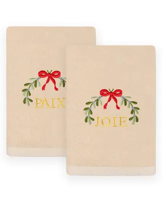 Linum Home Christmas Mistletoe Paix Joie Embroidered Luxury 100% Turkish Cotton Hand Towels, 2 Piece Set
