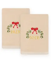 Linum Home Christmas Mistletoe Paix Joie Embroidered Luxury 100% Turkish Cotton Hand Towels, 2 Piece Set