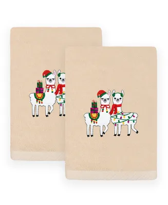 Linum Home Christmas Llamas Embroidered Luxury 100% Turkish Cotton Hand Towels, 2 Piece Set