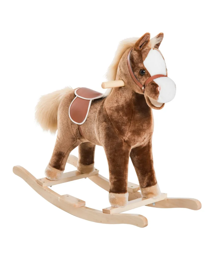 Qaba Kids Rocking Horse, Plush Toddler Rocker, Wooden Base Ride-On Toy with Handle Grip, Traditional Toy for Kids 36M+, Brown