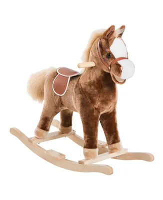 Qaba Kids Rocking Horse, Plush Toddler Rocker, Wooden Base Ride-On Toy with Handle Grip, Traditional Toy for Kids 36M+, Brown