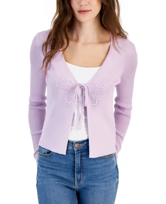Hooked Up by Iot Juniors' Long-Sleeve Tie-Front Cardigan Sweater