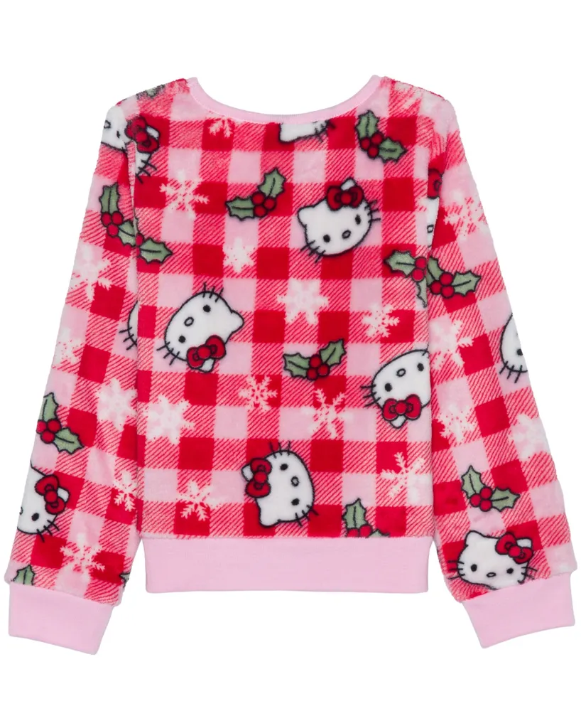 Hello Kitty Little Girls Xmas Plaid Long Sleeve Plush Pullover Sweatshirt