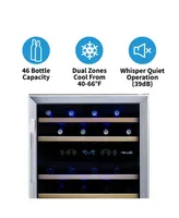 Newair 24 Inch Built-in 46 Bottle Dual Zone Compressor Wine Fridge in Stainless Steel, Quiet Operation with Beechwood Shelves