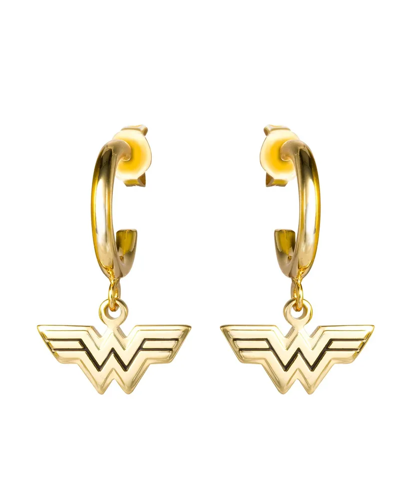 Dc Comics Wonder Woman Logo Gold Plated Charm Hoop Dangle Earrings