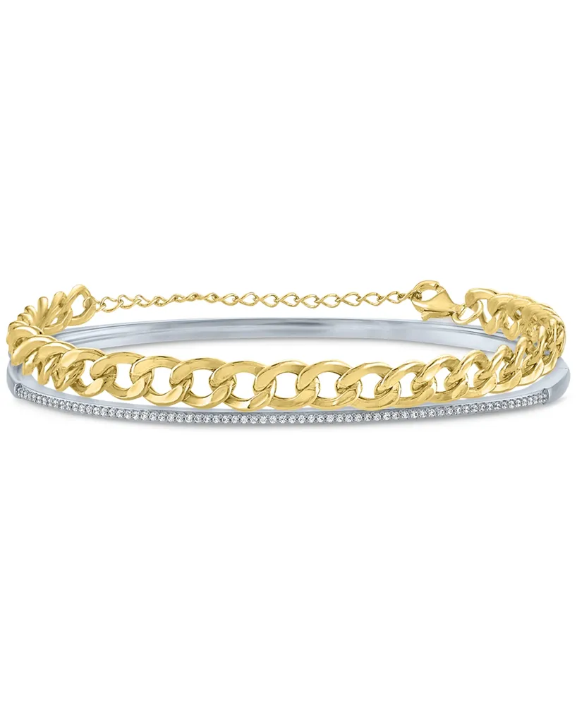 2-Pc. Set Diamond Bangle Bracelet (1/5 ct. t.w.) & Curb Link Chain Bracelet in Sterling Silver & 14k Gold-Plate - Sterling Silver  Gold