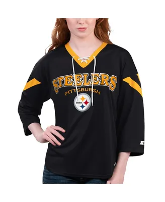 Women's Starter Black Pittsburgh Steelers Rally Lace-Up 3/4 Sleeve T-shirt