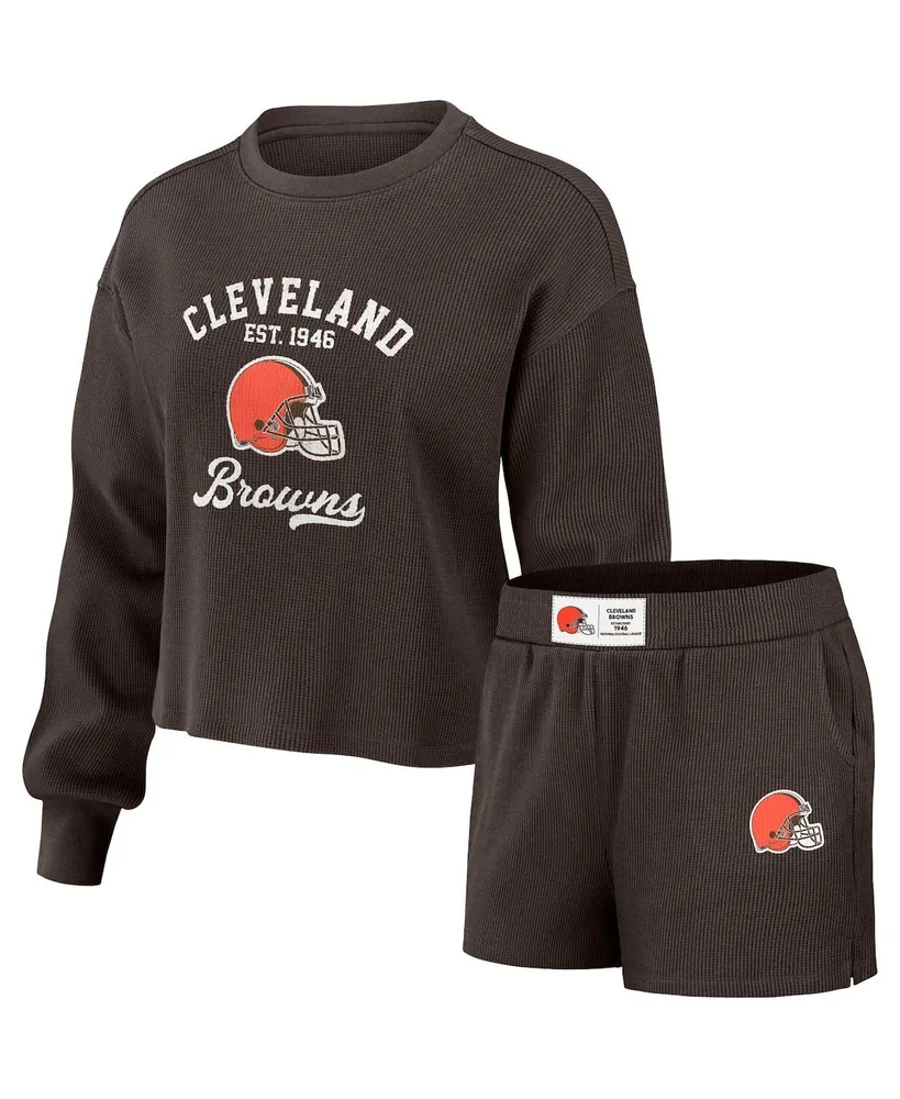 Wear By Erin Andrews Women's Wear by Erin Andrews Brown Distressed  Cleveland Browns Waffle Knit Long Sleeve T-shirt and Shorts Lounge Set