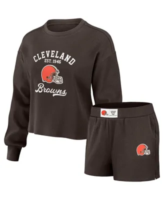 Women's Wear by Erin Andrews Brown Distressed Cleveland Browns Waffle Knit Long Sleeve T-shirt and Shorts Lounge Set