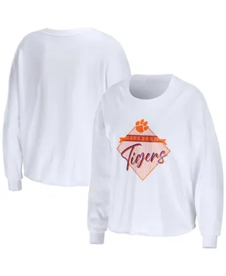 Women's Wear by Erin Andrews White Clemson Tigers Diamond Long Sleeve Cropped T-shirt